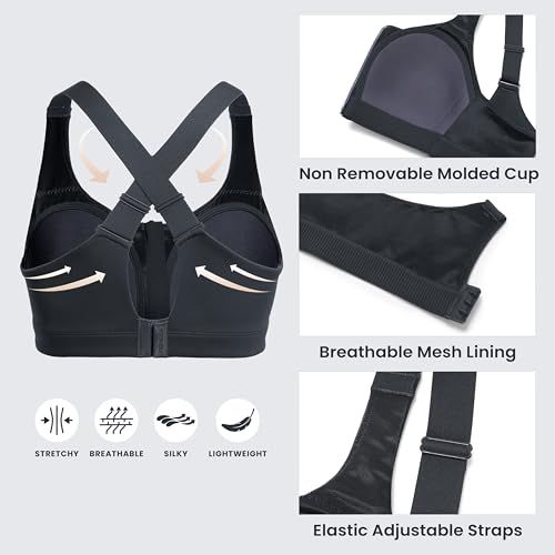 Image of CRZ YOGA Zip Front Cross Back Sports Bras | Molded Cups, Medium to high Support, Training, Adjustable Convertible Straps, Hook and Eye, for Women