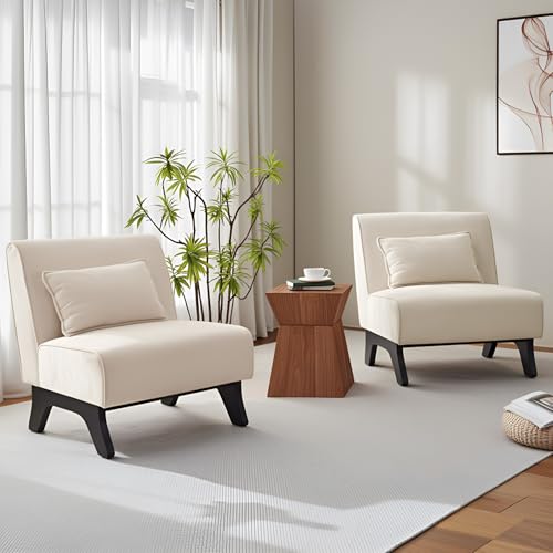 Womina Set of 2 Upholstered Armless Accent Chair,Modern Comfy Living Room Chairs with Wooden Legs& Pillows,Lounge Sofa Side Chair for Bedroom Farmhouse Reading (Beige, 2 PCS)