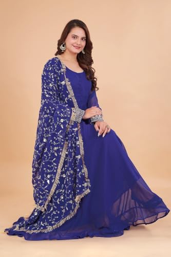 Image of ROYALICA Women's Georgette Gown Set with Solid Pattern Floor Length Round Neck Fit & Flare Full Sleeves Gown Pant and Embroidery Work Dupatta | Anarkali Gown Set for Women