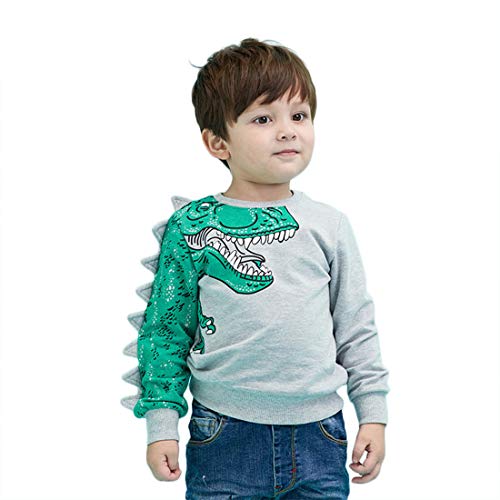 Dinosaure Imprimé Sweat-Shirt Garçon Pull Col Rond T-Shirt Manches Longues Toddler Pantalon Survêtement Entraînement Ensembles Pants de Sport Jersey 2-8 Ans (90 cm / ~ 2-3 Ans, T-Shirt) Cover