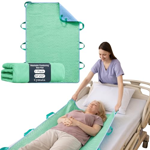 CYMULA Washable Positioning Bed Pad with 8 Reinforced Handles Leakproof Reusable Incontinence Absorbent Underpad for Elderly Care Lifting Turning Transferring Patient (Green 34x52-1 Pack)