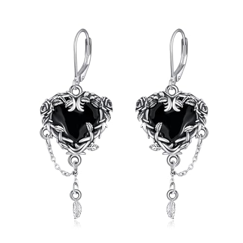 Gothic Earrings 925 Sterling Silver Black Witches Heart/Sword Dangle Dangly Drop Leverback Earrings Goth Jewelry Gifts for Women