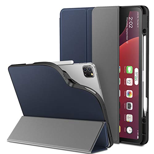 INFILAND iPad Pro 12.9 Case 2020/2018 (4e/3e generatie), Schokbestendige lederen standaard, Cover Shell Ondersteuning 2e generatie Apple Pencil opladen, Auto Wake/Sleep Case iPad Pro 12.9 2020/2018, Navy
