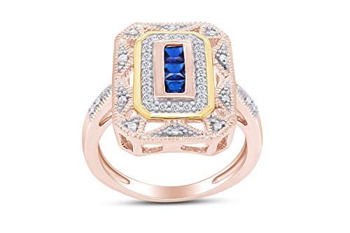 AFFY Princess Cut Simulated Blue Sapphire And White Cubic Zirconia In 14k Gold Plated 925 Sterling Silver Two-Tone Art-Deco Style Ring For Women