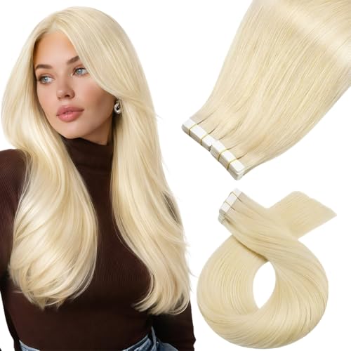 Image of Moresoo Platinum Blonde Tape in Extensions Human Hair 24 Inch 40Pcs 100g | Invisible tape in hair extensions human hair, full-volume set, extra-long strands for travel, photo shoots and events