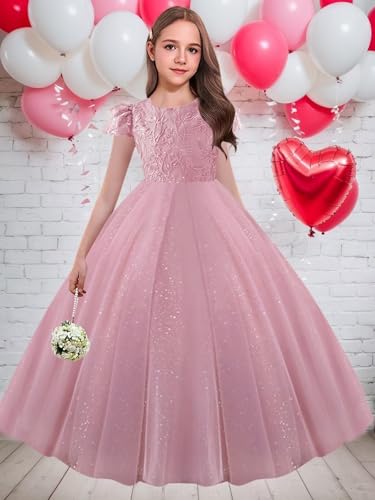 Lace Applique Flower Girl Dresses with Satin Bow Cap Sleeve Sparkly Tulle Ball Gown for Wedding Party2