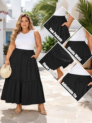 Image of Moon Wood Plus Size Maxi Skirts for Women Trendy Long Flowy Boho Tiered Skirt Renaissance Summer Beach Skirt with Pockets
