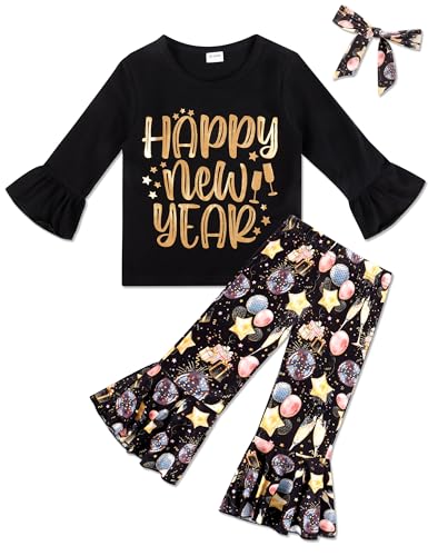 DAKEIK Toddler New Years Eve Outfit 2t-3t New Year Outfit Toddler Girl Happy New Year Black Top Fireworks Pattern Bell Pants Turban 3 Piece Set