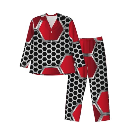Geometric Hexagons With Red Metal Mens Pajamas Set Button Down Sleepwear Set Long Sleeve Loungewear With Pockets3