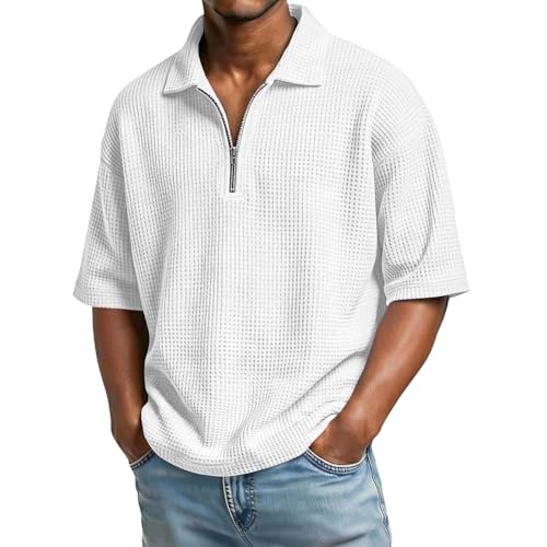 Chemises à manches mi-longues pour homme, chemise d'été gaufrée à quart de zip, coupe ample, chemises décontractées, col montant, chemise...