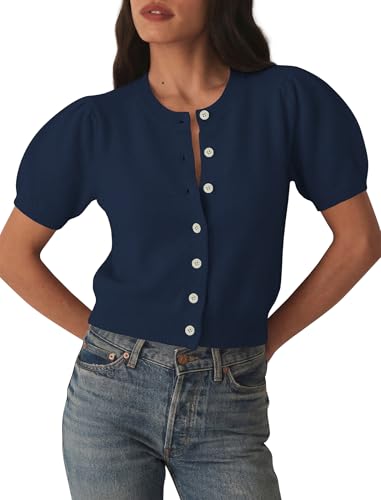 Image of Womens Puff Short Sleeve Cardigan Sweaters Cropped Button up Lightweight Y2k Knit Summer Cardigans