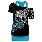 Bluse Damen Elegant Tshirt Halloween Große Größen Modisches Racer Top Schrägen Schultern Totenkopf Print Cooles T-Shirt Sommer Shirts Oberteile Frauen Kleidung Frau Crop Tops Klamotten Grün XL