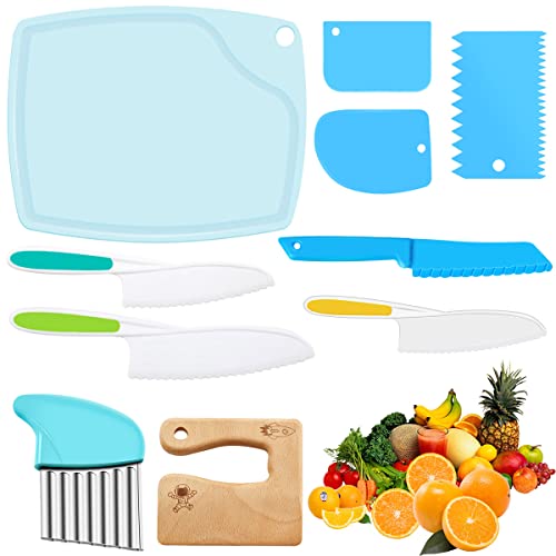 Juego de 10 cuchillos de cocina para niños, de madera, para niños, de plástico con cortador de patatas, tabla de cortar y pelador Juego de 10 cuchillos de cocina para niños, de madera, para niños, de plástico con cortador de patatas, tabla de cortar y pelador