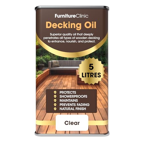 Furniture Clinic Decking Oil 5L - Enhance & Nourish Wood - Clear Protection Treatment for Wooden Deck - Outdoor Sealer Preserver & UV Weather Protector