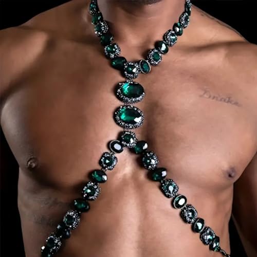 STONEFANS Rhinestone Green Body Chain Harness Men Crystal Waist Chain Belt Sexy Men Chest Chains Festival Rave Body Jewelry Adjustable (Green)3