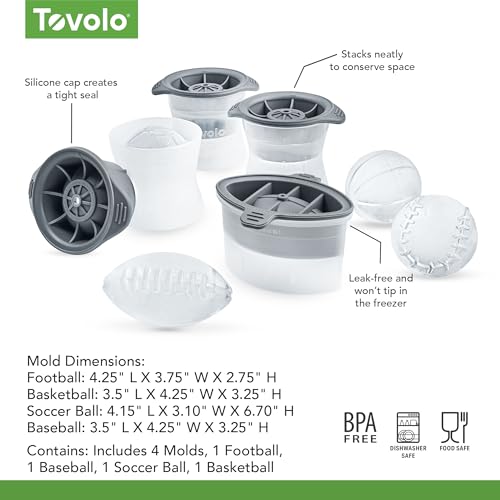 Image of Tovolo Sports Ice Mold Bundle Set of 4 Football Baseball Basketball Soccer Ball Large Craft Ice Cubes for Whiskey Cocktails with Silicone Lids, Easy Fill Craft Ice Mold for Sports Fans