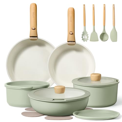 CAROTE Pots and Pans Set, Nonstick Cookware Set Detachable Handle, 19pcs Induction Kitchen Cookware Sets Non Stick with Removable Handle, RV Cookware Set, Oven Safe, Sage Green