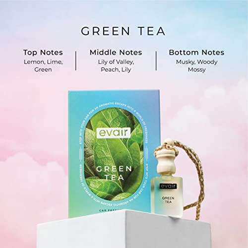 Image of Evair Green Tea Car Air Freshener | Hanging Car Perfume | Premium Car Fresheners | Car Aroma with Essential Oils| Hanging Perfume for Car in Glass Bottle with Wooden Diffuser Lid (10ml, Pack of 1)