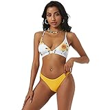 ZAFUL Damen Sonnenblume Druck Spaghetti-Träger Lace-up Gepolstert Bikini Set Gelb M