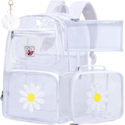 KLFVB Mochila Bolsa Transparente, Resistente, Conjunto de 3 Peças, Flor Branca, One Size, 44,5 cm x 33 cm x 15,2 cm, Branco