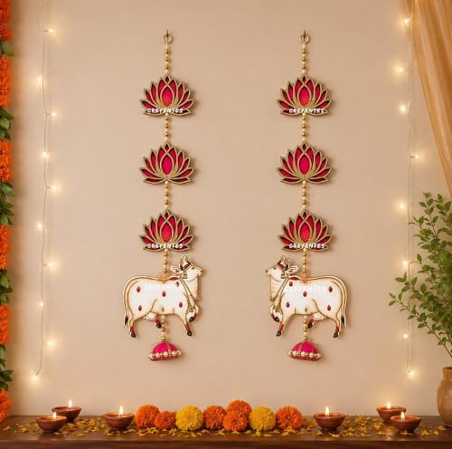 Image of Pink Lotus & Mango Leaf Toran for Door, Hanging for Main Entrance, for Office,Temple,Diwali, Party (3 Tier Lotus Cow)