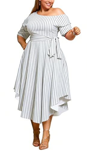 Image of Plus Size Women Wedding Guest Dress Off Shoulder Boat Neck Irregularly Flowy Midi Church Dress