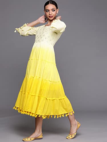 Image of INDO ERA Women's Floral Embroidered Maxi A-Line Dress(Ed0Yl8569 Yellow Xs To 2Xl-Size)