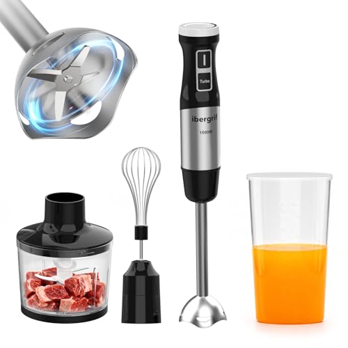 Ibergrif Batidora de Mano 1000W 4 en 1 de Acero Inoxidable para Uso Diario con Control de Velocidad Progresivo Botón Turbo y Accesorios de Cocina