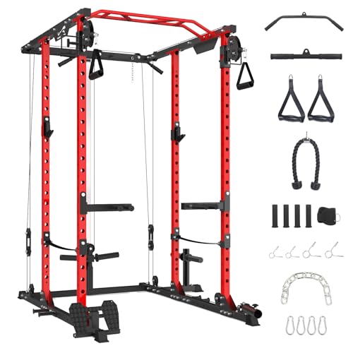 GaveeLife Power Cage, 2000 LBS Power Rack with Cable Cross-Over System, Multi-Functional Strength Training Squat Rack with LAT Pull Down System, Home Gym Equipment with Training Attachment, Red