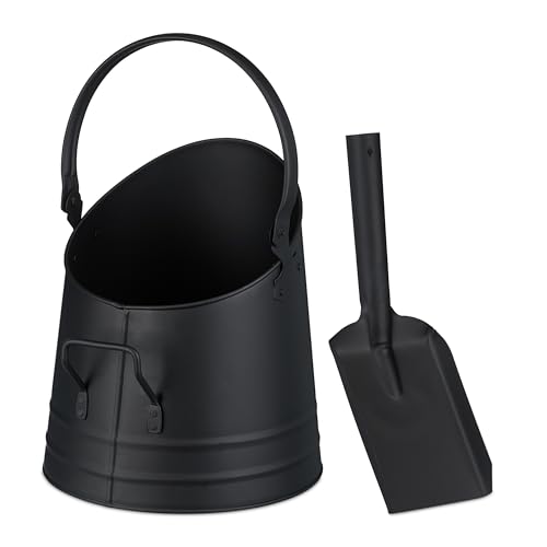 Relaxdays Cubo Cenizas, Pala, Asa y Agarre, 6,5 L, Pellets, Briquetas, Accesorios Chimenea, Recipiente Carbón, Negro, Hierro