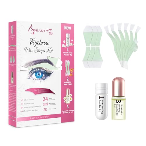 Beauty7 Eyebrow Waxing Strips Wax Strips for Face Quick Hair Removal Facial For Women Includes 24 Waxing Strips + 3ml Soothing Oil After Wax 2g Pearl Powder