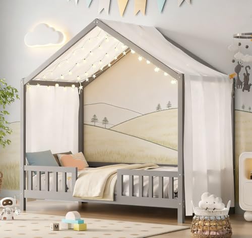 Image of Bellemave Twin House BedFrame with Canopy, Montessori Floor Bed, House Bed with Rails for Kids, Gray