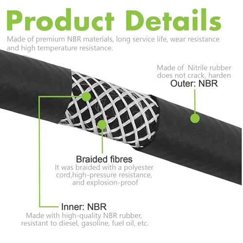 Image of Jeemiter 1 /2 inch ID (13mm) Fuel Line Hose 10FT - Heavy Duty SAE 30R7 NBR Rubber for Diesel, Gas & Oil - High Flow Kit with 10 Clamps for Truck, Marine, Industrial & Automotive Use