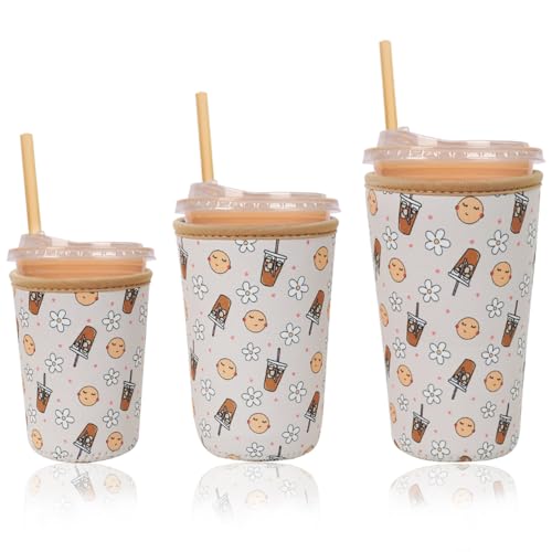Image of Reusable Insulated Neoprene Iced Coffee Cup Sleeve, Durable Drink Sleeve for Cold Beverages, Beverage Holder for Iced Coffee, Beige Coffee