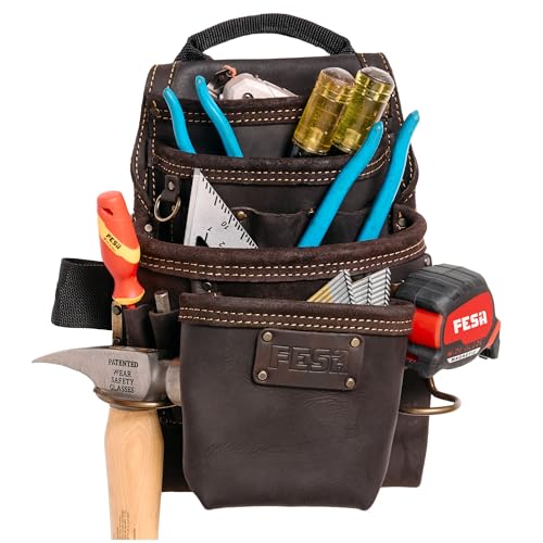 FESA Leather Carpenter Tool Pouch - 10-Pocket Heavy Top Grain Leather Carpenter Pouch with 2 Hammer Loops, Tape Clip, Large & Small Pockets - Fits Work Belts up to 3