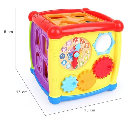 Image of Crackles Early Age 6 in 1 Learning Cube Educational & Learning Activity Toy Including Blocks, Clock, Alphabets-Tree,Transportation Vehicles,Music Keyboard & Mirror for Kid, Multicolored