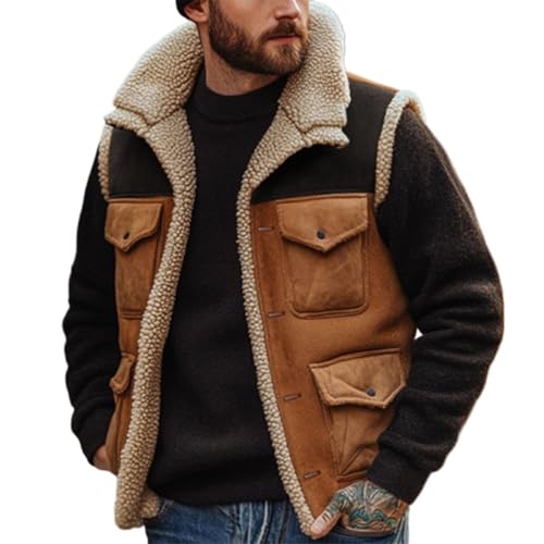 Bderkz Men's Retro Colour-Block Pocket Suede Vest Casual Fleece Collar Sleeveless Jacket Coats Fashion Layering(Small)