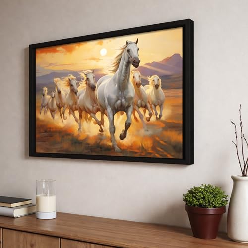 Image of 8 White Running Horses Vastu Framed Wall Art Painting for Living Room| Symbol of Success, Eight Horse Painting With Frame For Home & Office, 10x12 Inch
