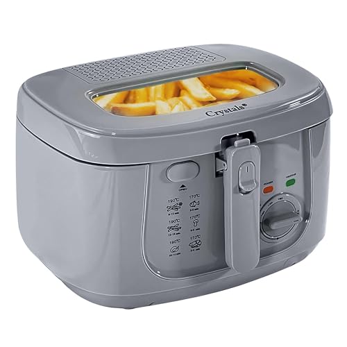 Crystals 1800W/2.5L Deep Fat Fryer, Deep Fryer Non-Stick Coating, Countertop & Internal Mesh Basket, Chip Fryer Easy Clean with Viewing Window, Safety Handle + Adjustable Temperature Controls - Grey