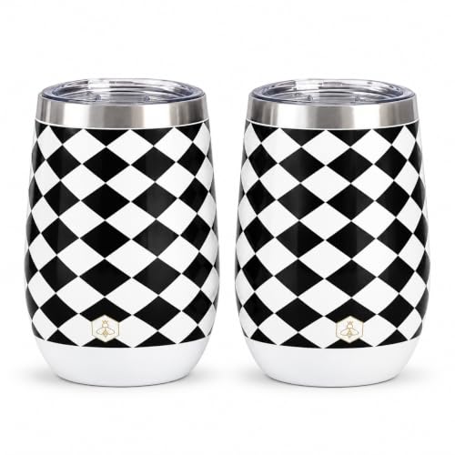 Image of Biddlebee 12 oz Insulated Stemless Wine Tumblers with Lids, Set of 2 | Stainless steel, keeps drinks hot or cold for hours; unbreakable outdoor and travel wine glasses; gift for women