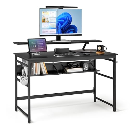 Mondeer Scrivania per computer, postazione di lavoro con 2 ripiani regolabili e grande supporto per monitor, salvaspazio, per casa, ufficio, studio, 120 x 60 x 90 cm, nero
