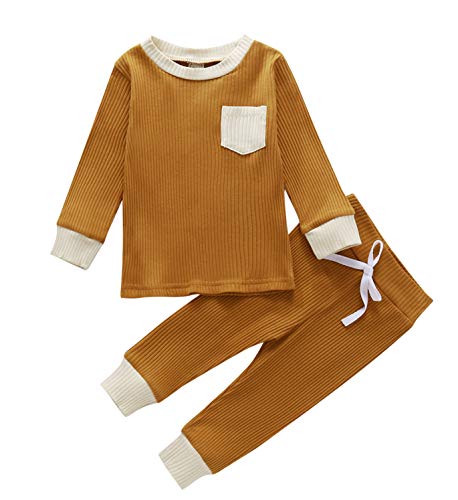 oddler Baby Boys Cotton Line Clothes and Pants 2Pcs Pajama Set Solid Color Outfit Long Sleeve Romper Ribbed Pajamas Clothes Set (Yellow, 6-12 Months)