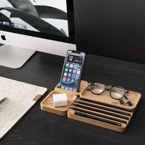 Image of Wooden Desk Organizer with Phone Stand, Multi-Compartment Stationery Holder, Natural Wood Finish (STYLE-4)