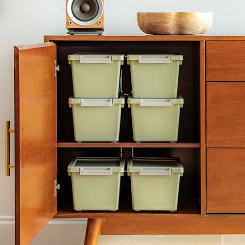 Image of IRIS USA 4 Qt. Craft Storage Bins with Lids, 6-Pack, |Made in USA|, Clip Box, Small Plastic Sensory Bin Tote Organizer Containers for Art Supplies, Paper, & Office, Stackable - Sage Green
