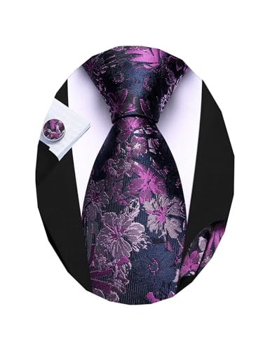 Image of Barry.Wang Flower Ties for Men Handkerchief Cufflinks Set Wedding Necktie Set Party