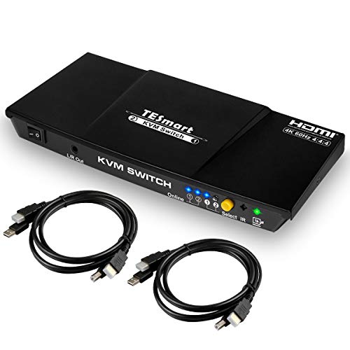TESmart 2 Port HDMI KVM Switch 2x1 USB 2.0 Port 4K@60Hz UHD with 2 Pcs 5ft KVM Cables Supports USB 2.0 Device Control up to 2 Computers/Servers/DVR-HDMI, HDCP 2.2, HDR, RGB, YUV, 18 Gbps(Black)