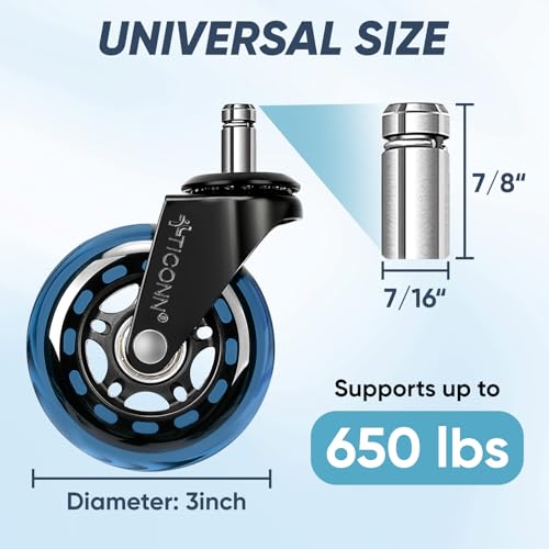 Image of TICONN Office Chair Caster Wheels Set of 5 for Tile, Hardwood Floors and Carpets, Universal Fit for Most Chairs (Blue)