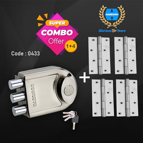 Image of Harrison Main Door Lock Hinge Free / 1 Sheild Tri Bolt Lock 0586 SS Finish 4 Computerised Key with 4 Hinge 0839 Ss Finish and Key Ring /Mild Steel Material /Door Lock, Rim Lock, Tri Bolt Lock