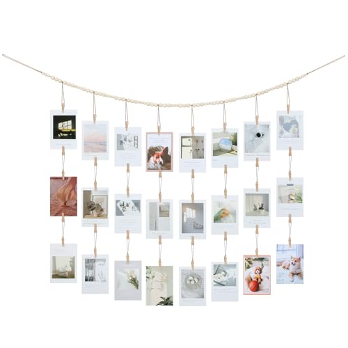 KLOGTSIND Hanging Photo Display with Clips Wall Decor Boho Wooden Beads Garland Picture Banner Collage Card Kids Art Holder Photo String with 28 Clips for Room Dorm Decor Christmas Teen Girl Gifts