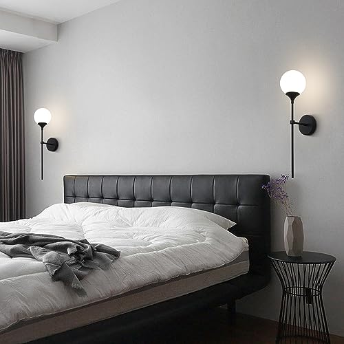 Image of KCO Lighting Farmhouse Matte Black Wall Sconce Set of 2 Vintage Milk White Glass Globe Wall Light Mid Century Modern Bathroom Vanity Light Set of Two Industrial Bar Wall Lamp